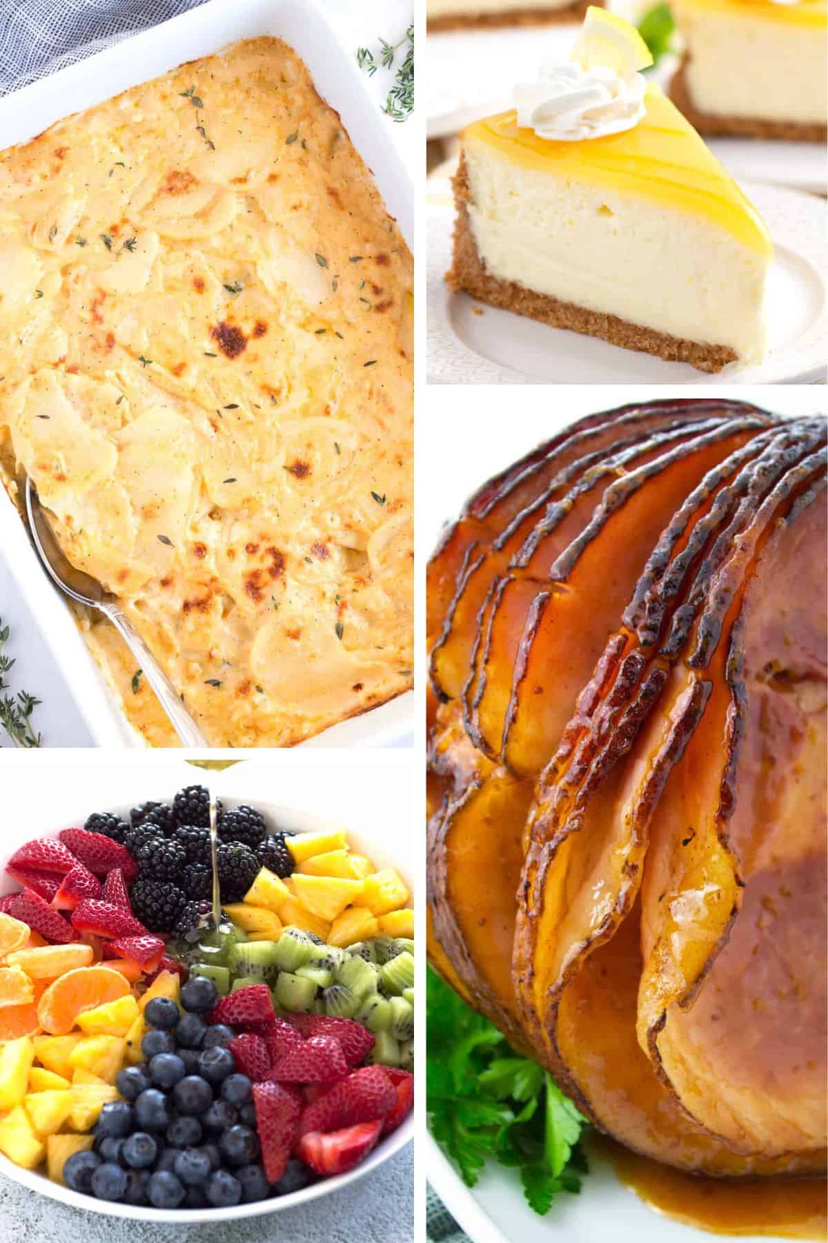 A collage of potato, salad, and cheesecake recipes.
