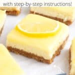 Lemon cheesecake squares scattered on parchment with a graphic overlay.