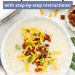 A serving dish of creamy potato soup with a graphic overlay.