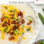 Potato soup in a white bowl piled with toppings and red text overlaid on the image.