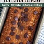 Brown Butter banana bread in a rectangular cooking pan on a wire rack with a graphic overlay.
