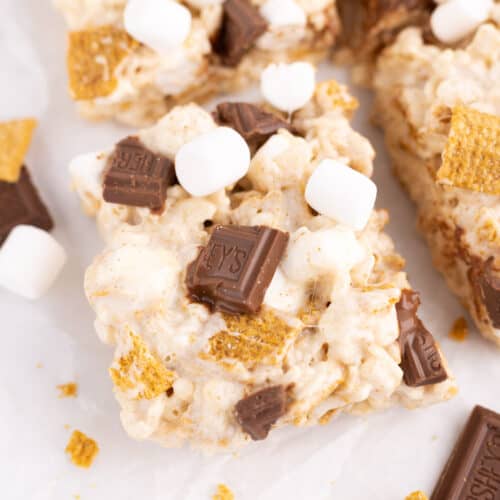 Closeup of a sticky smore rice krispie treat.