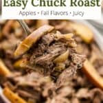 A bite of chuck roast with apples on a spoon with a graphic overlay.