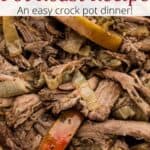 Apple cider chuck roast with cooked apple slices and an overlay of text at the top of the image.