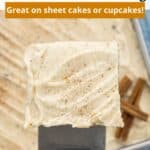 An overlay of text on an image of a cake square with brown butter cream cheese frosting.