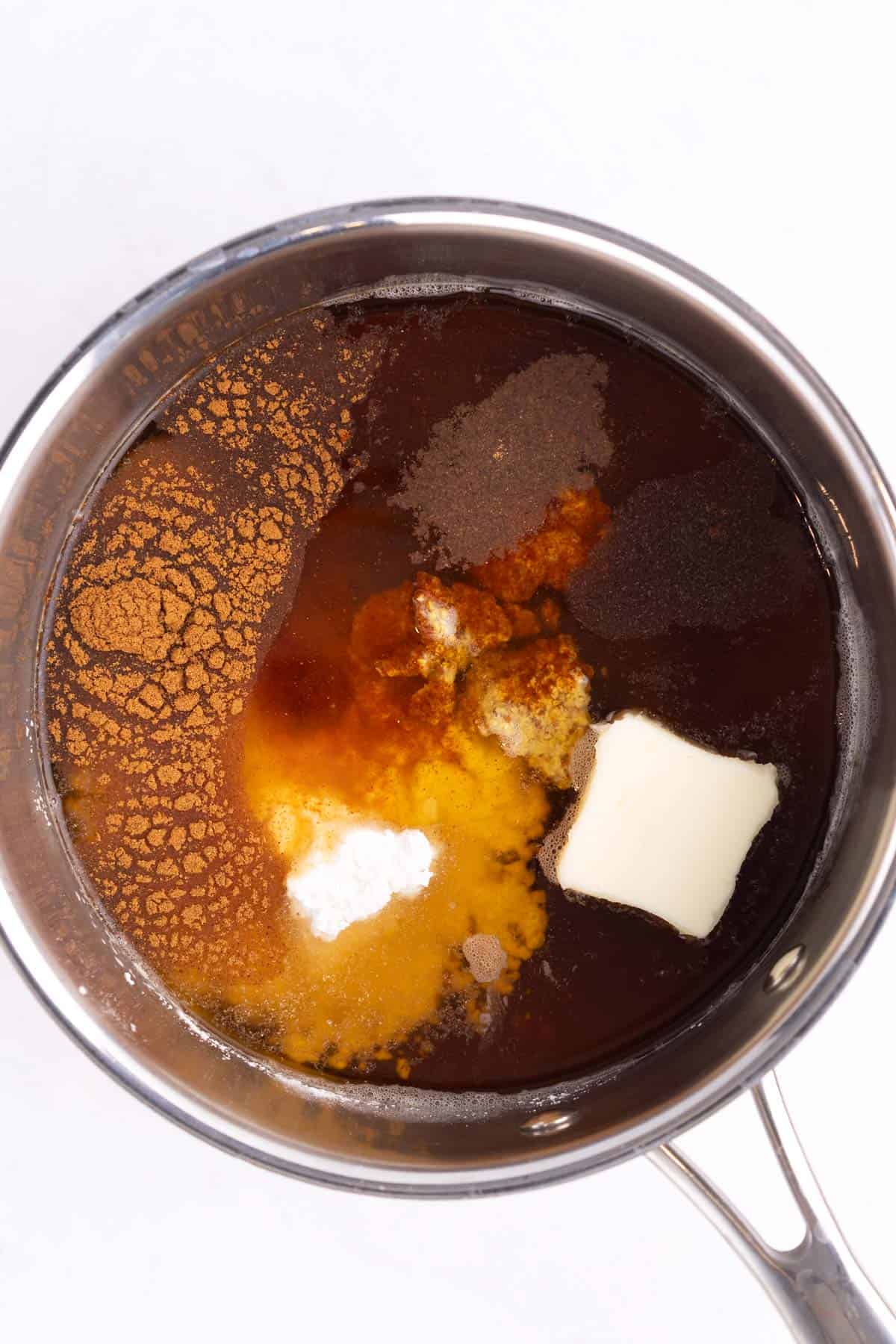 Glaze ingredients in a large pan.