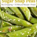 Sauteed pea pods in a bowl with a spoon and an overlay of text at the top of the image.