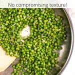 An overlay of text at the top of an image of buttery peas in a skillet with a wooden cooking tool.