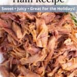 A plate of ham drizzled with glaze with a graphic overlay.