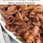 An overlay of text over an image of pulled ham on a serving dish with a glaze-covered brush beside it.