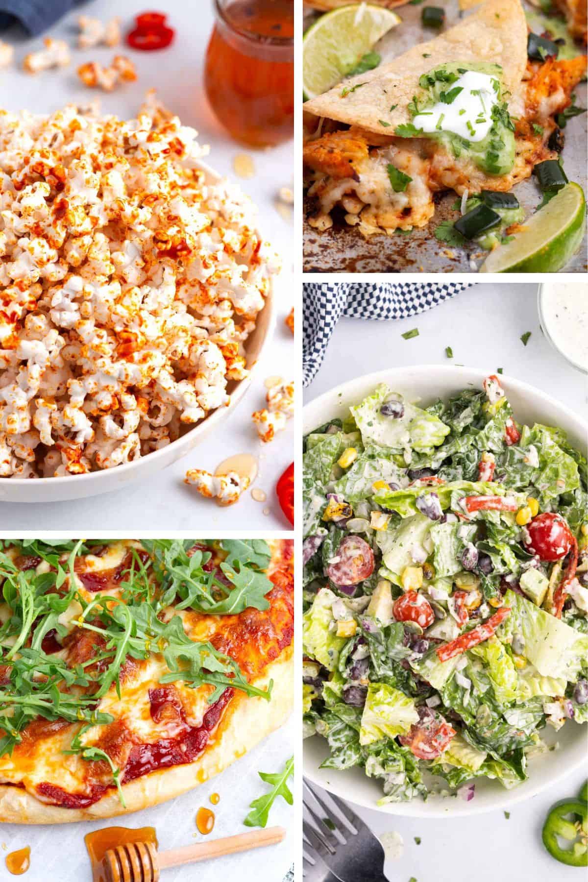 A collage of images containing pizza, salads, popcorn, and tacos for game day.