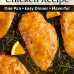 Chicken covered in sticky glaze with a graphic overlay.