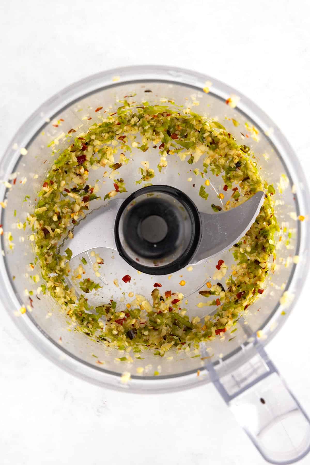 Tomatillos blended in a food processor.