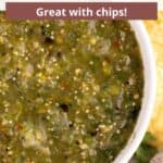 An overlay of text at the top of an image of green salsa in a bowl.
