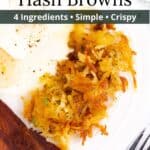 Breakfast food with hash browns on a plate with a graphic overlay.