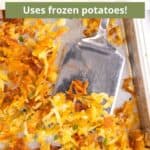 A large pan of crispy hash browns with an overlay of text at the top of the image.