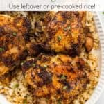 Closeup of chicken and rice on a white serving dish with a graphic overlay.