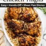 An overlay of text on an image of chicken thighs over rice on a large platter.