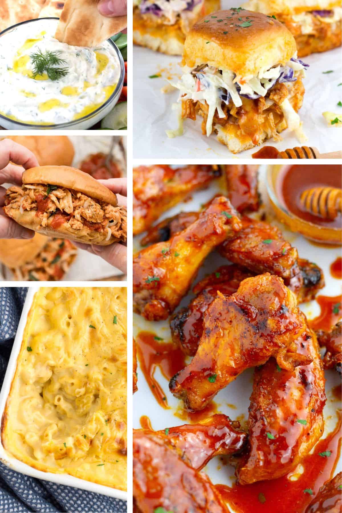 Sauces, sandwiches, and wings arranged in a collage for game day.