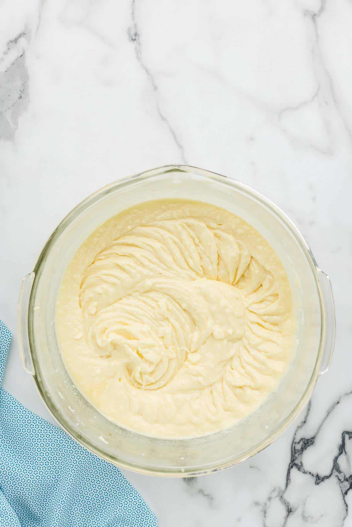 Blended cookie batter in a mixing dish.