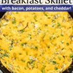 Overhead of a cast iron breakfast skillet with a graphic overlay.