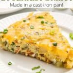 A serving of bacon & egg bake on a white plate with a graphic overlay.