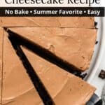 A serving spatula scooping a slice of cheesecake with an overlay of text.