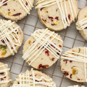 Shortbread cookies lined across a rack for cooling.