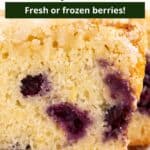An overlay of text on an image of blueberry lemon bread cut into slices.