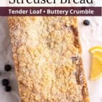 A loaf of blueberry lemon bread with a graphic overlay.