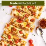 An image of flatbread pizza cut into strips with a graphic overlay.