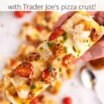 Closeup of a piece of pizza on flatbread with a graphic overlay.