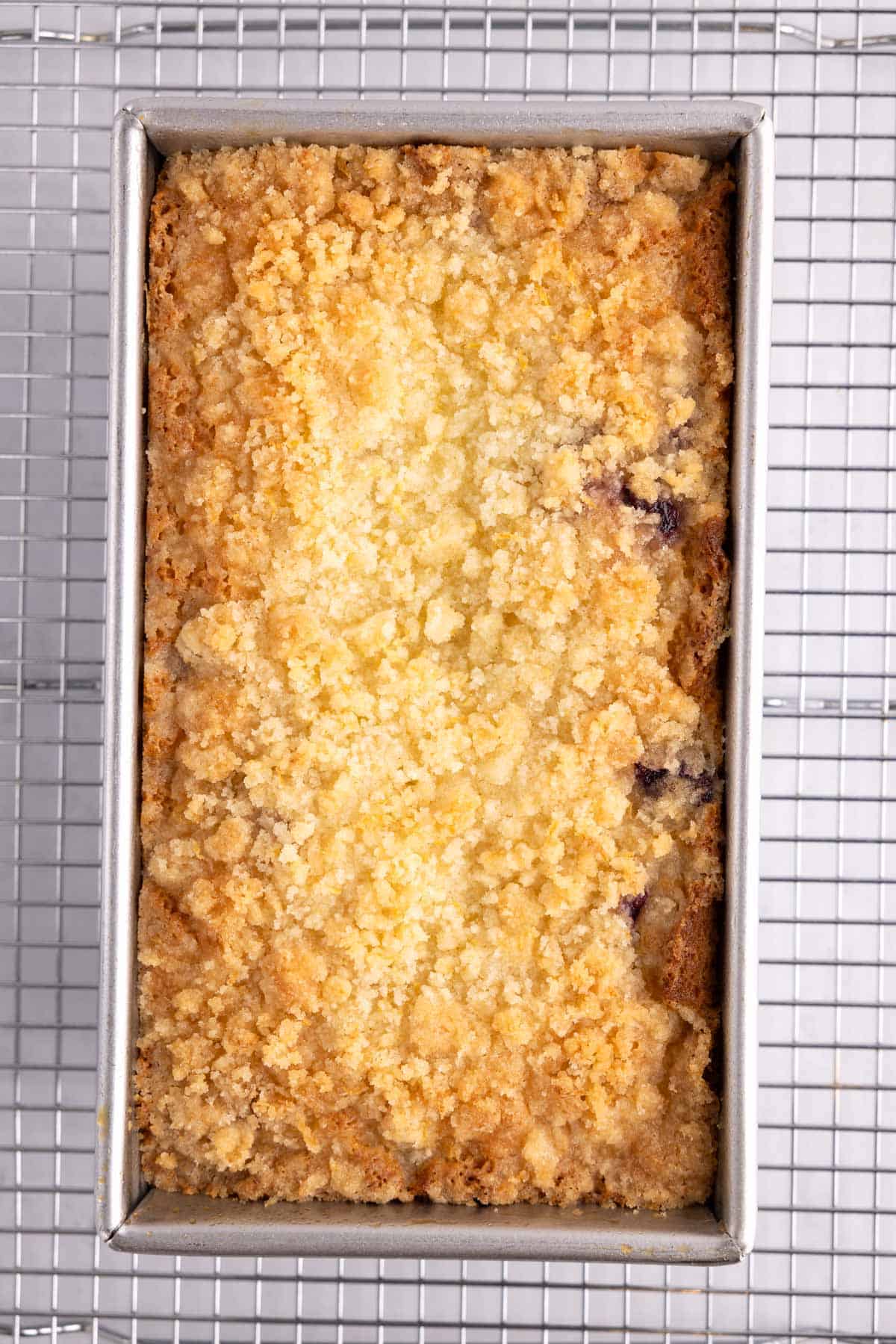 A baked lemon blueberry loaf in a baking pan on a cooling rack.