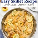 An overlay of text on an image of lemon chicken in a metal pan covered in sauce.