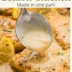 Creamy lemon chicken piled together with a spoon dripping sauce onto them with a graphic overlay.