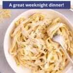 An overlay of text at the top of an image of a bowl of lemon alfredo.