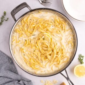Lemon alfredo cooked in a pot.