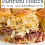 Closeup of a pastrami slider on a serving dish with a graphic overlay of text.