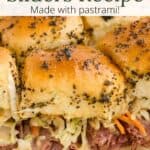 a row of baked pastrami sliders in a glass pan with a graphic overlay.