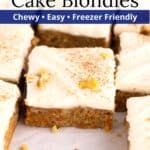A square of carrot cake topped with cinnamon with a graphic overlay.