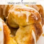 An overlay of text at the top of an image of lemon monkey bread broken apart on a platter.
