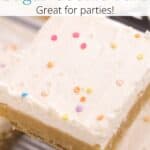 An overlay of text at the top of an image of a square of sugar cookie with frosting and sprinkles.