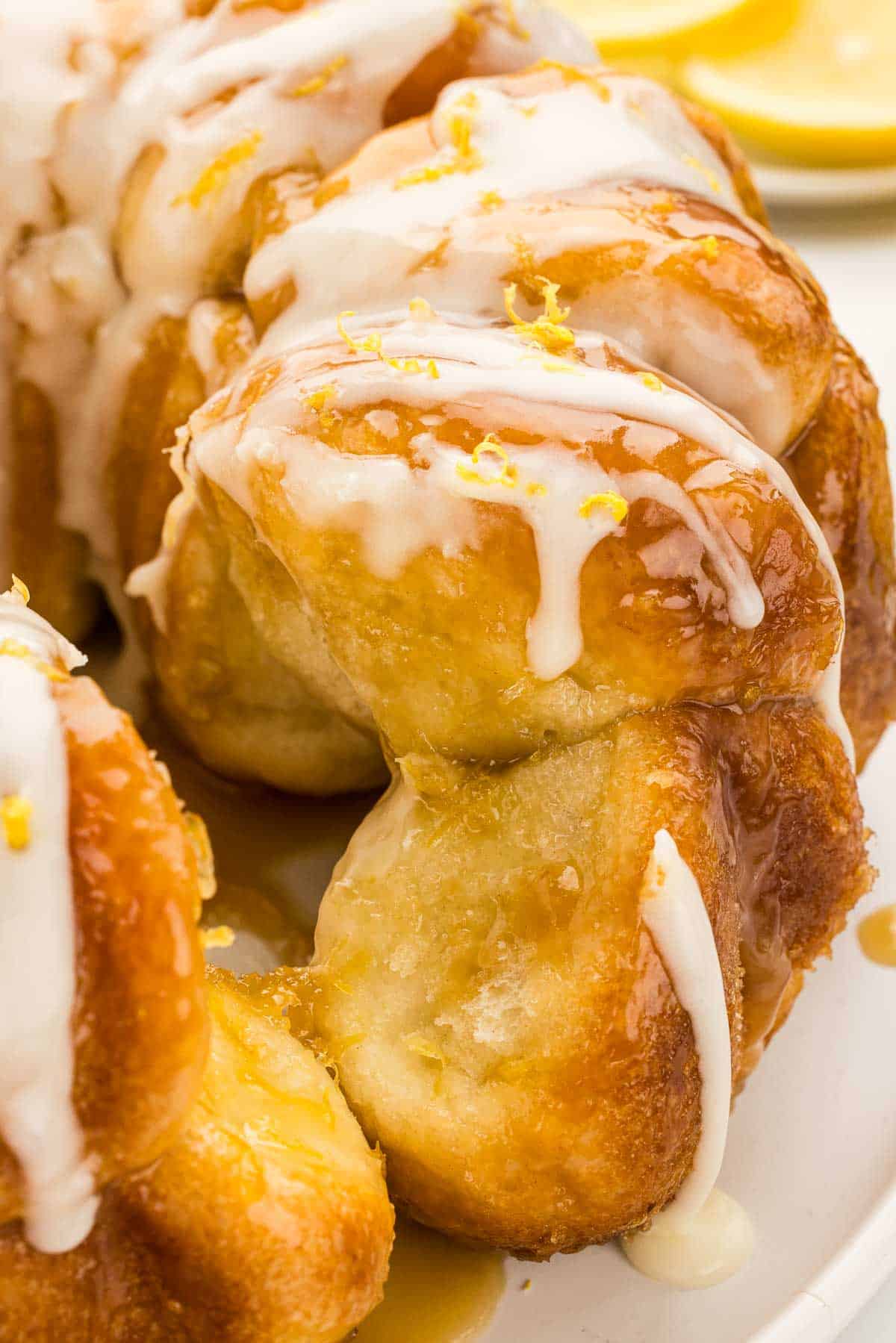 Closeup of the inside of lemon monkey bread.