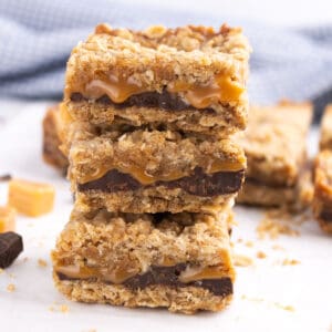 Carmelita bars stacked on top of each other in a pillar.