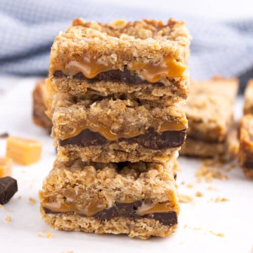 Carmelita bars stacked on top of each other in a pillar.