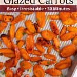 Carrot slices cooked on a large sheet pan with an overlay of text.