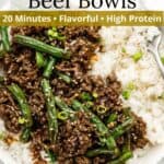 A bowl of sesame ground beef over rice with a graphic overlay.