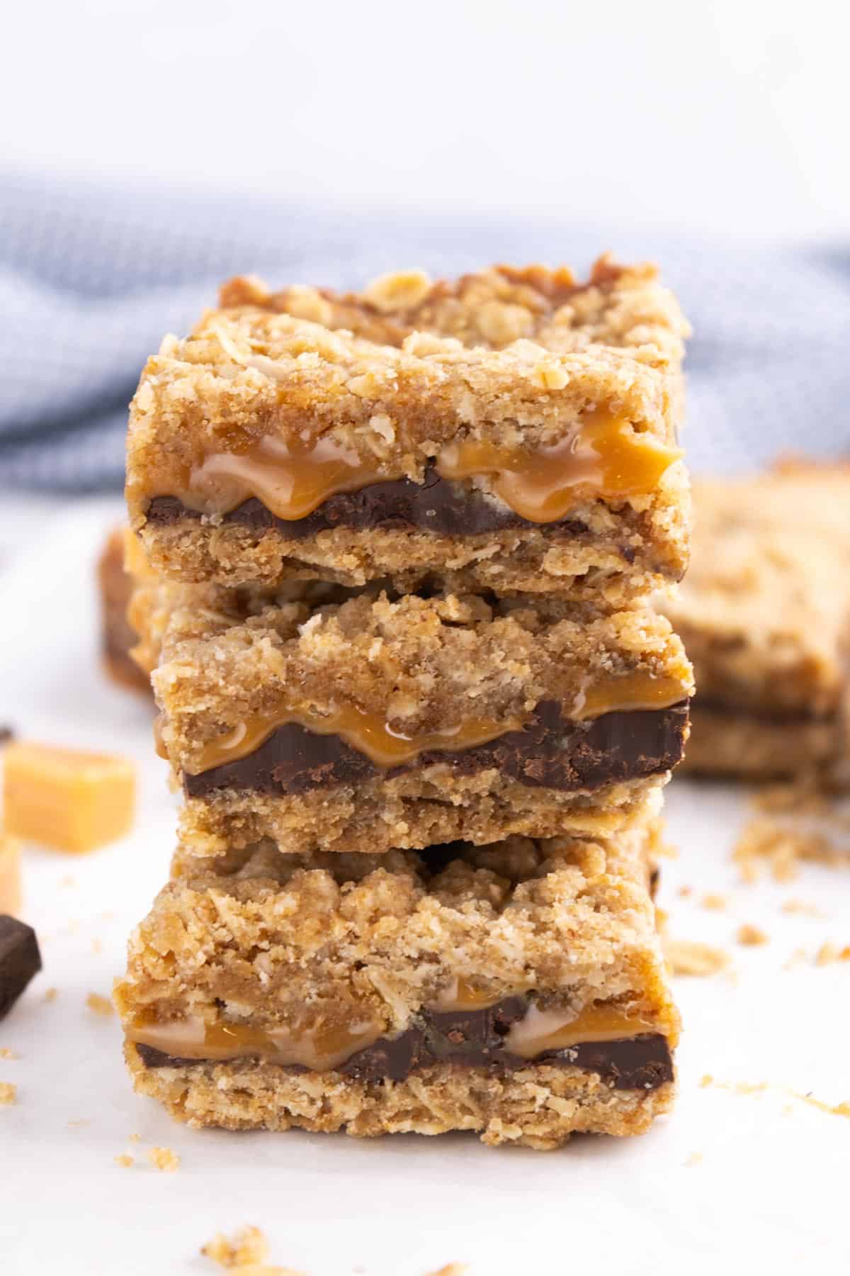 Caramelita bars stacked into a pillar.