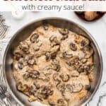 A cooking pan of chicken marsala with a graphic overlay of text.