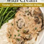 Closeup of a serving of chicken marsala over potatoes with an overlay of text.